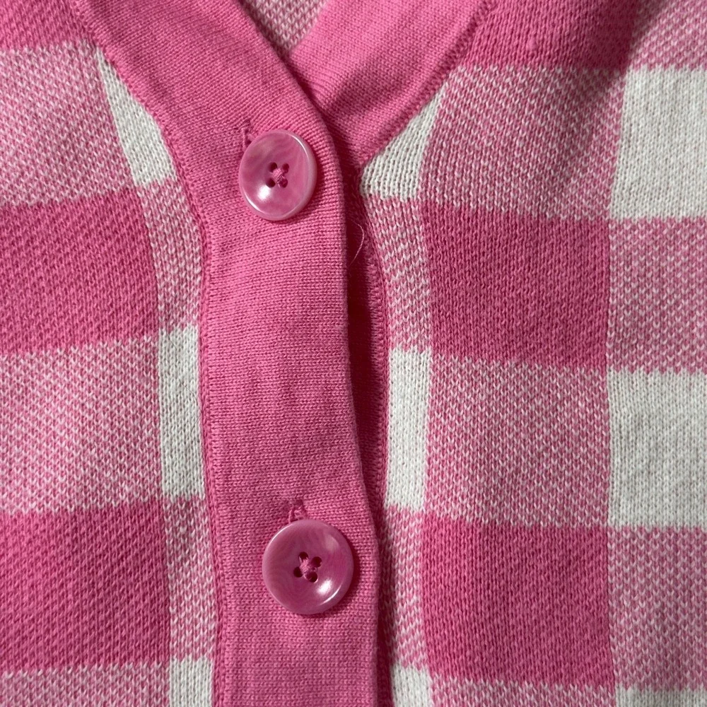 Talbots Petite Pink Gingham Buffalo Check Button Front Cardigan Sweater LP